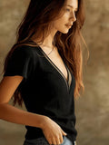Women's Summer Pure and Alluring Mesh Patchwork V-Neck Ribbed Short-Sleeve Top, Slim Fit Elastic T-Shirt