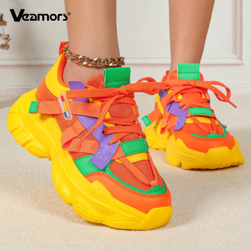 VEAMORS Trendy Chunky Shoes for Women Platform Casual Sneakers Mesh Walking Shoes Breathable Fashion Platform Dad Shoes Lace-up