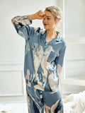 Blue Stone Pattern Real Silk Lapel Collar Pajamas 19MM 100% Mulberry Silk Button Tops & Pants Sleepwear 2 Piece Casual Homewear