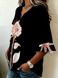 Plus Size Women Blouse Black Rose Floral Print V Neck Decor Buttons 3/4 Flare Sleeve Casual Loose Shirt