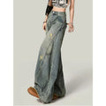 Retro American Spicy Girl High Waist Loose Slim Wide Leg Knife Edge Jeans Women  Autumn New Style Distressed Streetwear