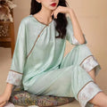 New Chinese Style Women Pajamas Set Loungewear Elegant Print Flower Sleepwear Trouser Suits Loose Silk Satin Homewear Pyjama