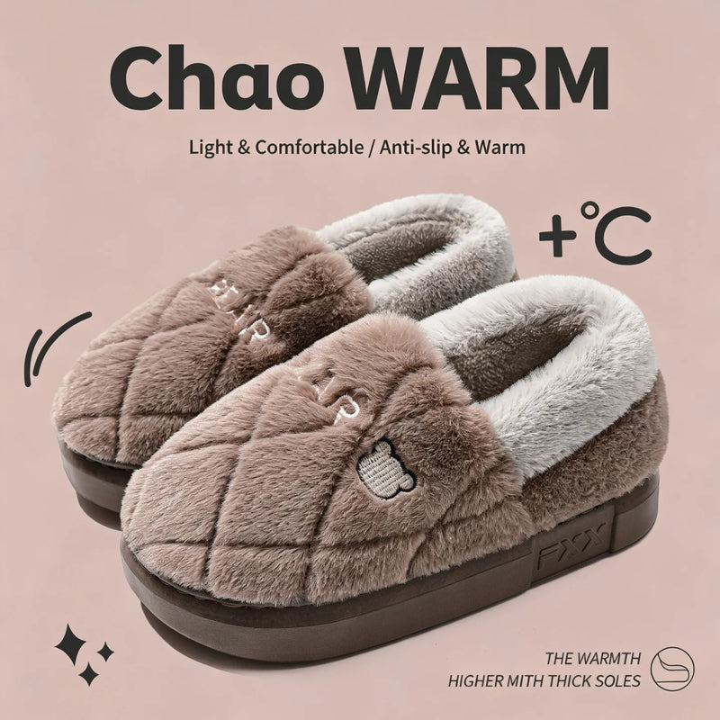 Winter Warm House Slippers for Men Women Cute Bear Plush Lining Indoor Shoes Thick Soft Sole Fuzzy Comfortable Home Footwear