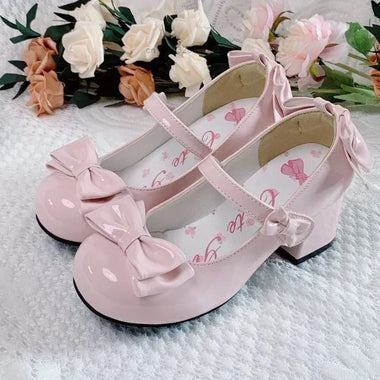 2025 Lolita Style Cute Round Head  Jane Pumps With Bow Women's Sweet Party Dress Midi Heels Shoes Fashion PU Sandals