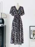 Women Summer V Neck Floral Print Chiffon Maxi Dress Short Sleeve High Waist A Line Long Dress Elegant Casual Party Vestidos