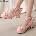 NASBAVI Lolita Platform High Heels Cross Strap Mary Jane Pumps Sweet Bow Women Shoes Purple Ladies Princess Thick Heel Shoes
