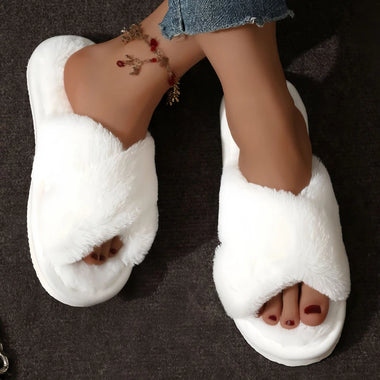 Women Slippers Women Fluffy Furry Slippers Cross Warm Lightweight Flat Heels Non Slip Home Shoes Autumn Winter Open Toe Fur Slides
