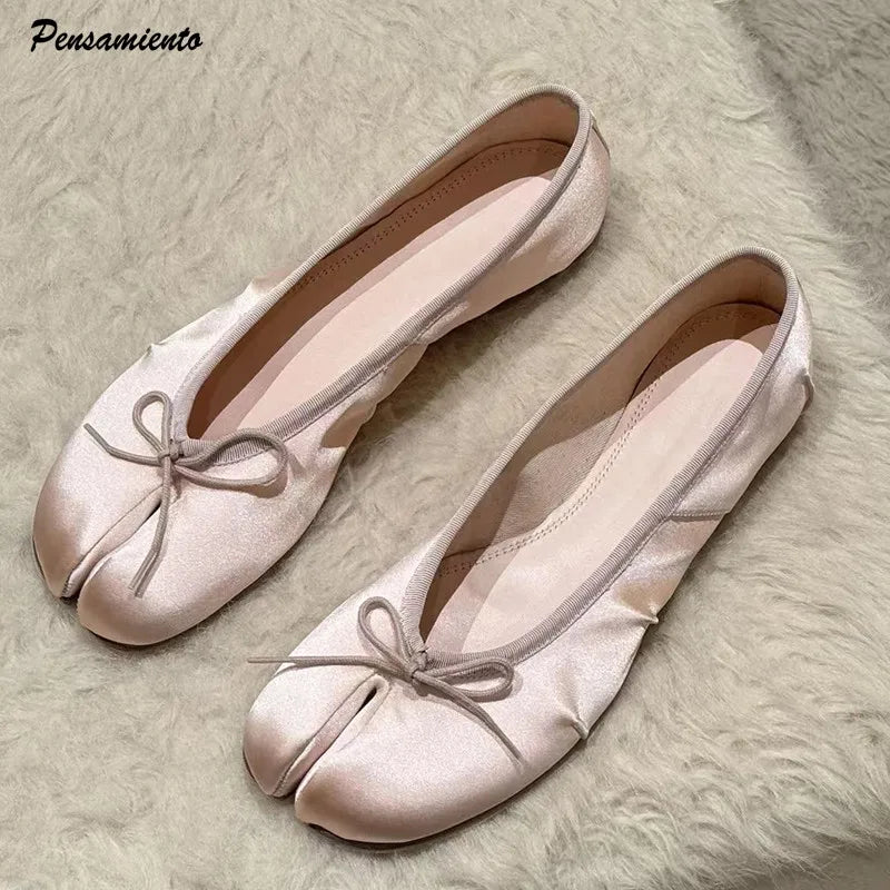 Fashion Split toe Satin Silk Bowknot Women Ballet Flats Spring Summer Pleated Designer Tabi Loafers Casual Girls Dance Shoes