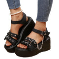 Women Peep Toe Black Wedge Sandals Lady Summer Casual Outwear Platform Sandals Chain Buckle Punk Lolita Shoes Sandale Femme