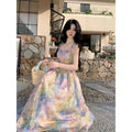 Women's Summer Oil Painting Style Floral Maxi Dress Butterfly Print Square Neck Puff Sleeve Tulle Dress For Women
