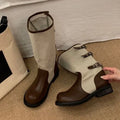 Women Spliced Knee High Boots, Canvas & Leather Patchwork, Multi Buckle Round Toe Low Block Heel Vintage Casual Riding Boots
