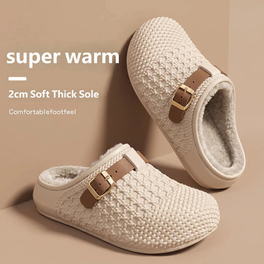 Women's Winter Knitted Mule Slippers Fleece Lined Warm Clogs with Adjustable Buckle Soft Thick Sole Indoor Outdoor House Shoes