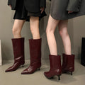 Women Knee High & Ankle Boots Pointed Toe Kitten Heel PU Leather Pull On Party Street Autumn Winter Tall Short Boots Shoes Woman