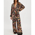Silk Satin Pajamas Set for Women 2 Piece Floral Loose Pjs Wide Leg Sleep Loungewear Pants with Long Sleeve Button down Shirts