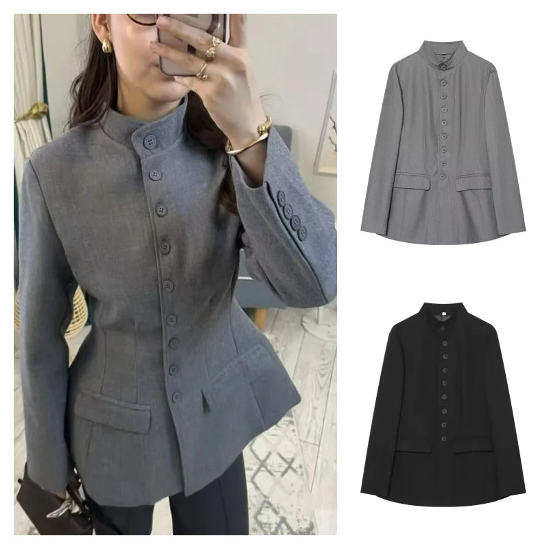 Women Stand Mandarin Collar Multi Button Front Blazer Long Sleeve Flap Pockets Slim Fit Solid Color Office Casual Suit Jacket