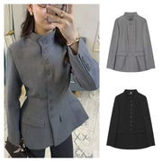 Women Stand Mandarin Collar Multi Button Front Blazer Long Sleeve Flap Pockets Slim Fit Solid Color Office Casual Suit Jacket