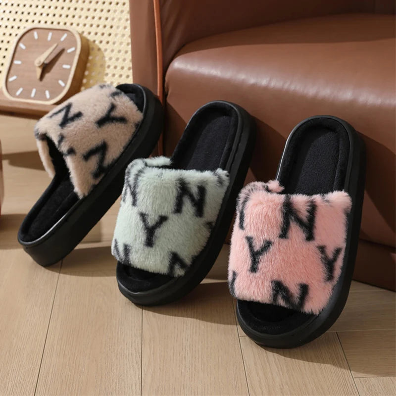 Brand Design Letter Print Plush Slippers for Women Thick Sole Comfortable House Shoes Woman Fashion Platform Fluffy Fur Slippers