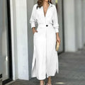Women Solid Color Maxi Dress  Autumn Fashion Elegant Long Sleeve Leisure Time Casual Daily Wear V Neck Sexy Ladies Shirt Dresses