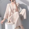 Summer Lady Cotton Silk Thin Pajamas Sets Women V-Neck Long Sleeve Tops Sleepwear Pants 2PCS Female Korean Loose Homewear Suits