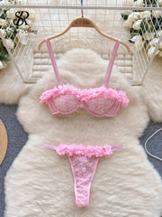SINGREINY 2024 Sensual Mesh Lace Lingerie Three Pieces Sets Women Floral Strap Mini Bra+Thongs Hollow Out Sexy Underwear Suits