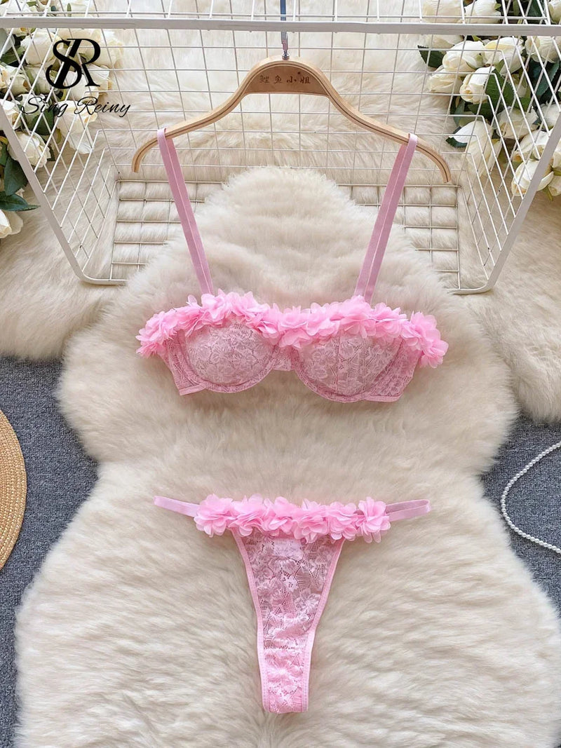 SINGREINY 2024 Sensual Mesh Lace Lingerie Three Pieces Sets Women Floral Strap Mini Bra+Thongs Hollow Out Sexy Underwear Suits