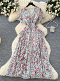 French Floral Printed Dress Women Sexy Cross V-neck Short Sleeved Vintage Long Dresses Ladies Ruffled Beach Long Robe Vestidos