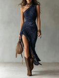 Women Boho One Shoulder Maxi Dress Vintage Floral Print Ruffled Slit Asymmetrical Sleeveless Bodycon Long Dress Party Outfit