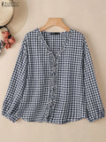 2025 ZANZEA Women Autumn Plaid Cheeked Blouse Casual V Neck Long Sleeve Tops Stylish Ruffled Work Shirt Buttons Blusas Oversize