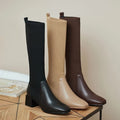Women's New Over-the-knee Slim Fit Leather Long Boots, Stretchy Mid-calf Boots, High-heeled Square-toe Boots