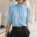 High Neck Puff Half Sleeve Chiffon Blouse Pleated Front Elegant Office Work Shirts Women Loose