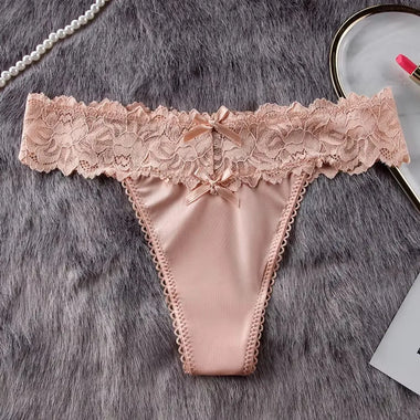 Women Satin Lace Thong Panties Low Waist Bowknot G-string Floral Lace Trim Soft Comfortable Ladies Underwear Intimates Lingerie