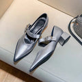 2025 New Designer Vintage Heels Women Silvery Pointed Toe Women Mary Jane Shoes Fashion Shallow Casual Low Heel Dress Shoes