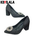 Super Big Size 50-53 Crystals Round Buckle7cm Chunky Heel Pumps Women Shoes Leisure Pointed Toe Flock Black Fashion