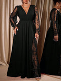 Dress Plus Size Elegant GIBSIE Plus Size Elegant V-Neck Sheer Mesh Sleeve Evening Long Dress Women Autumn Elastic Waist Tie Backless Party Dresses 2026