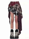 Y2K Women's Skirt Irregular Plaid Patchwork Summer Spice Girl Design A-line Skirt Trendy Pleated Streetwear Harajuku HCO2