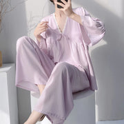 Summer Lady Cotton Silk Thin Pajamas Sets Women V-Neck Long Sleeve Tops Sleepwear Pants 2PCS Female Korean Loose Homewear Suits