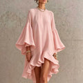 Vintage Oversized Bell Sleeve Dress Women O Neck Irregular Ruffle Hem Solid A-Line Short Dress Elegant Resort Prom Guest Dresses
