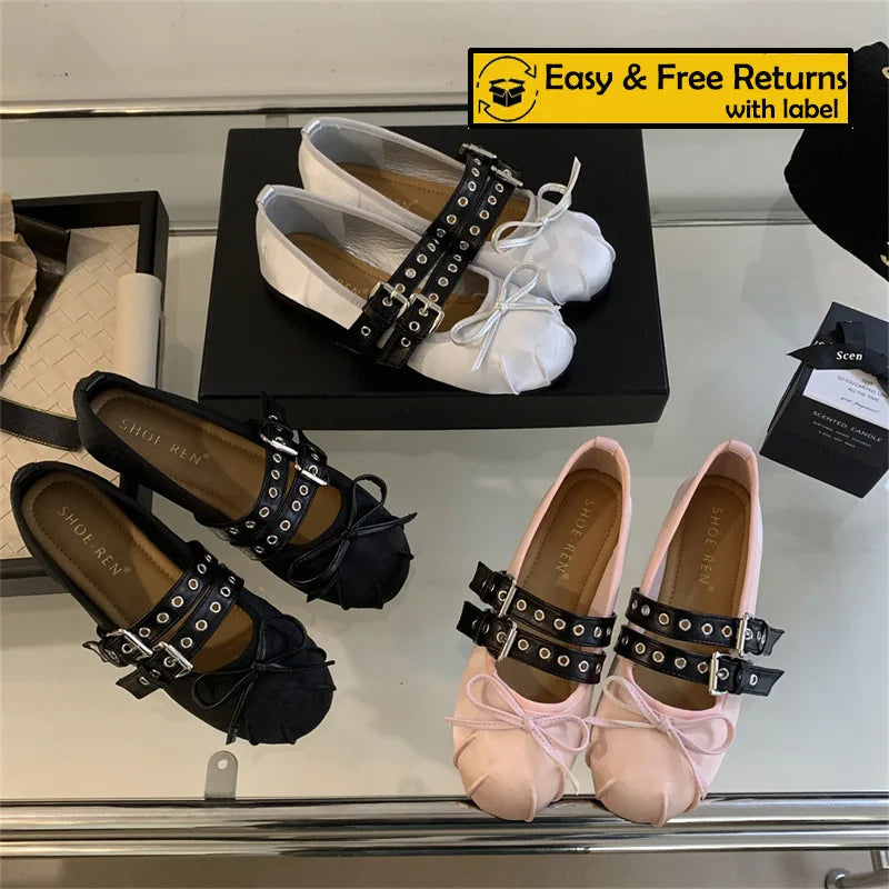 RYAMAG Women's Ballet Flats Square Toe Mary Jane Shoes Buckle Strap Gothic Ballerina Mules Ribbon Bowknot Loafers Casual Flats