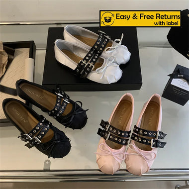 RYAMAG Women's Ballet Flats Square Toe Mary Jane Shoes Buckle Strap Gothic Ballerina Mules Ribbon Bowknot Loafers Casual Flats
