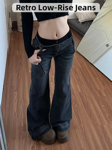 Women's Waisted Jeans Pants Low American Retro Low Waisted Jeans for Women's New Style Loose and Personalized Spicy Girl Design Washed Micro Flared Pants