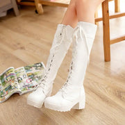 2025 New Arrival Women Knee High Boots No Zip Lace Up Plus Size 48 Leisure Bota Round Toe Block Heels Cosplay Boots