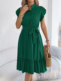 Summer Casual Woman Dress 2026 Fashion Solid Color Single Breasted Ruffle Edge Short Sleeve Dresses With Belt Khaki Blue Green