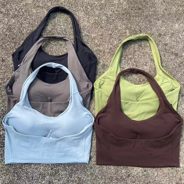 Halter Neck Sports Bra Women Gym Workout Crop Top Yoga Vest High Support Fitness Bralette Push Up Running Tight Soft Underwear