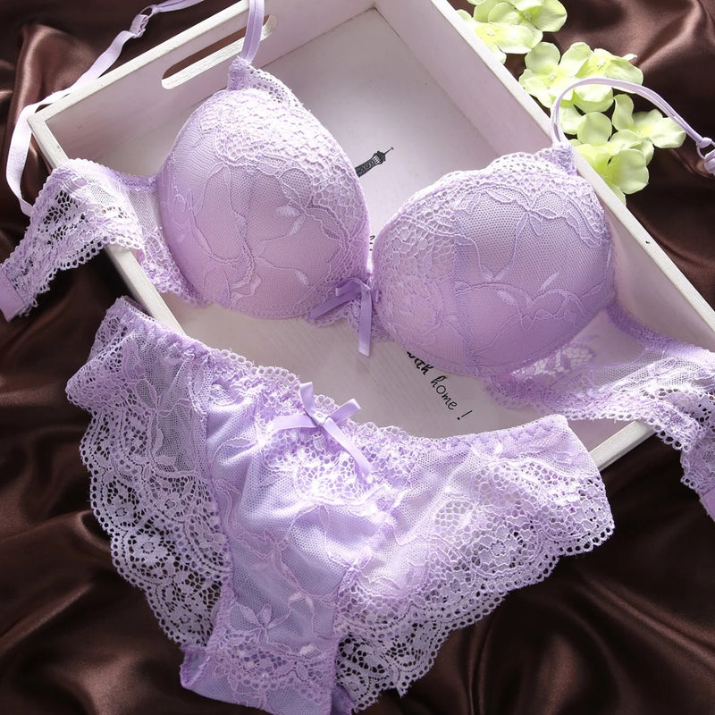 Women Lingerie Set Underwire Multi‑Color Lace Bow Design Push Up Bra Panty Set Soft Breathable Comfort Ladies Intimate Underwear