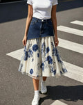 1. Plus Size Irregular Denim Waist Spliced Blue Floral Print Chiffon Midi Skirt Ladies Layered A-Line Skirt