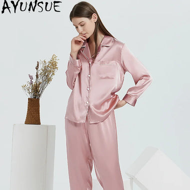 AYUNSUE 100% Mulberry Silk Pajamas for Women 30MM Silk Long Sleeve Sleepwear 2026 Spring Summer Nightwear Female Pijama Feminino