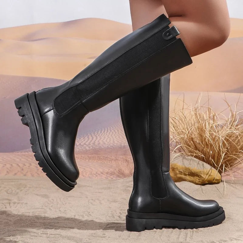 Women’s Platform Chelsea High Calf Riding Boots Elastic Gore Anti‑Slip Platform Not Over‑the‑Knee Fall Winter Fashion Long Boots