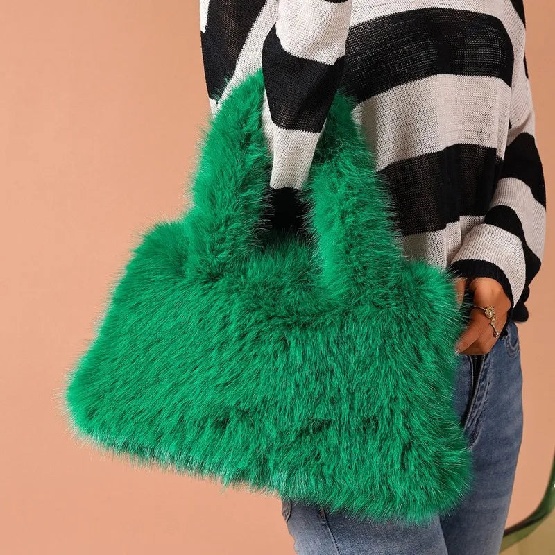 Women's Korean Style Fluffy Square Bag Cute Faux Fur Tote Bag Autumn Winter Underarm Shoulder Handbag Versatile Purse