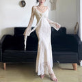 FOTVOTEE Chic French Style Lace Dresses Women See Through Long Sleeve Floral Decoration Maxi Dress Temperament Sexy Party Dress