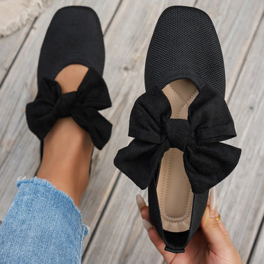 Gentle Square Toe Bow Flat Shoes Breathable Knit Slip On Shoes Soft Sole Casual Loafers Daily Commute Women Fashion Shoes